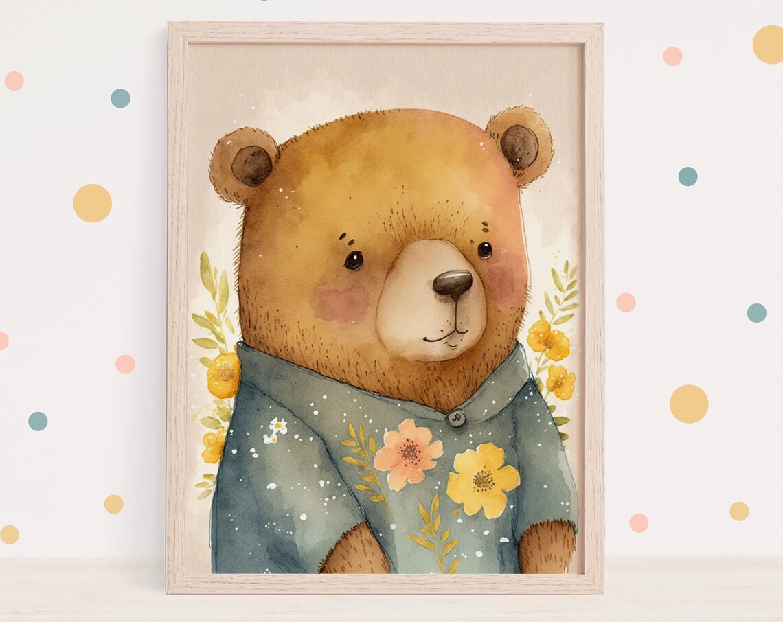 Cute Teddy Bear in Blue Floral Shirt Watercolor Nursery Art Print