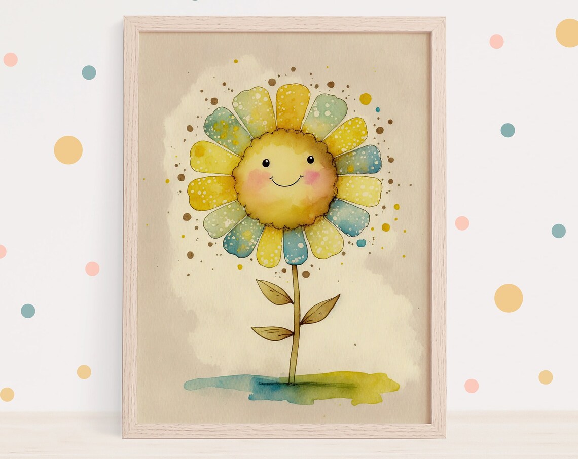 Happy Smiling Flower Face Nursery Watercolor Art Style Poster