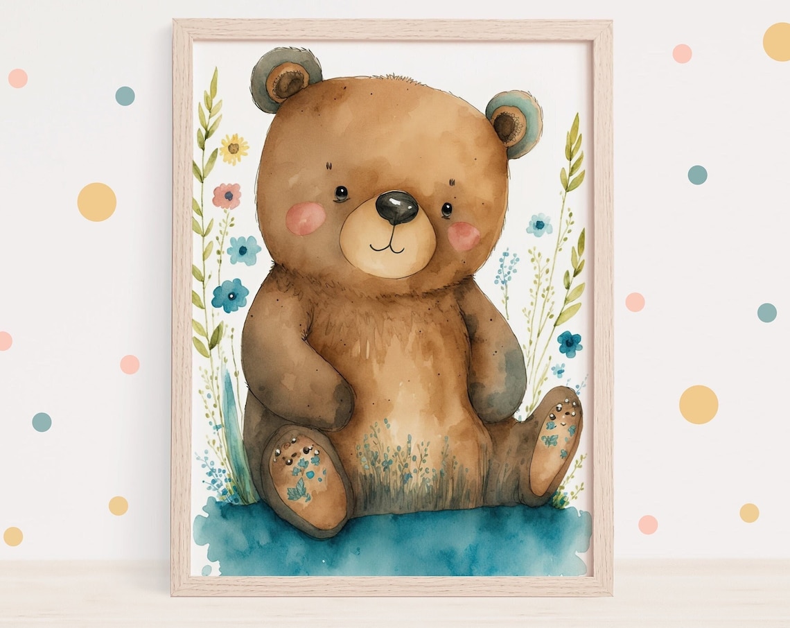 Watercolor Baby Bear Wildflowers Cute Nursery Animal Art Poster