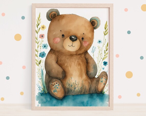 Watercolor Baby Bear Wildflowers Cute Nursery Animal Art Poster