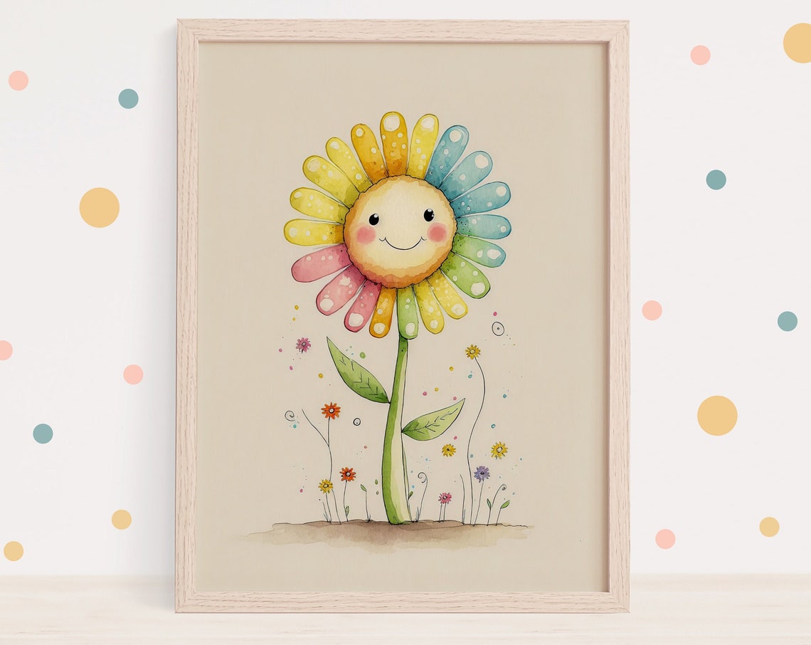 Rainbow Smiling Flower Watercolor Nursery Decor Style Poster
