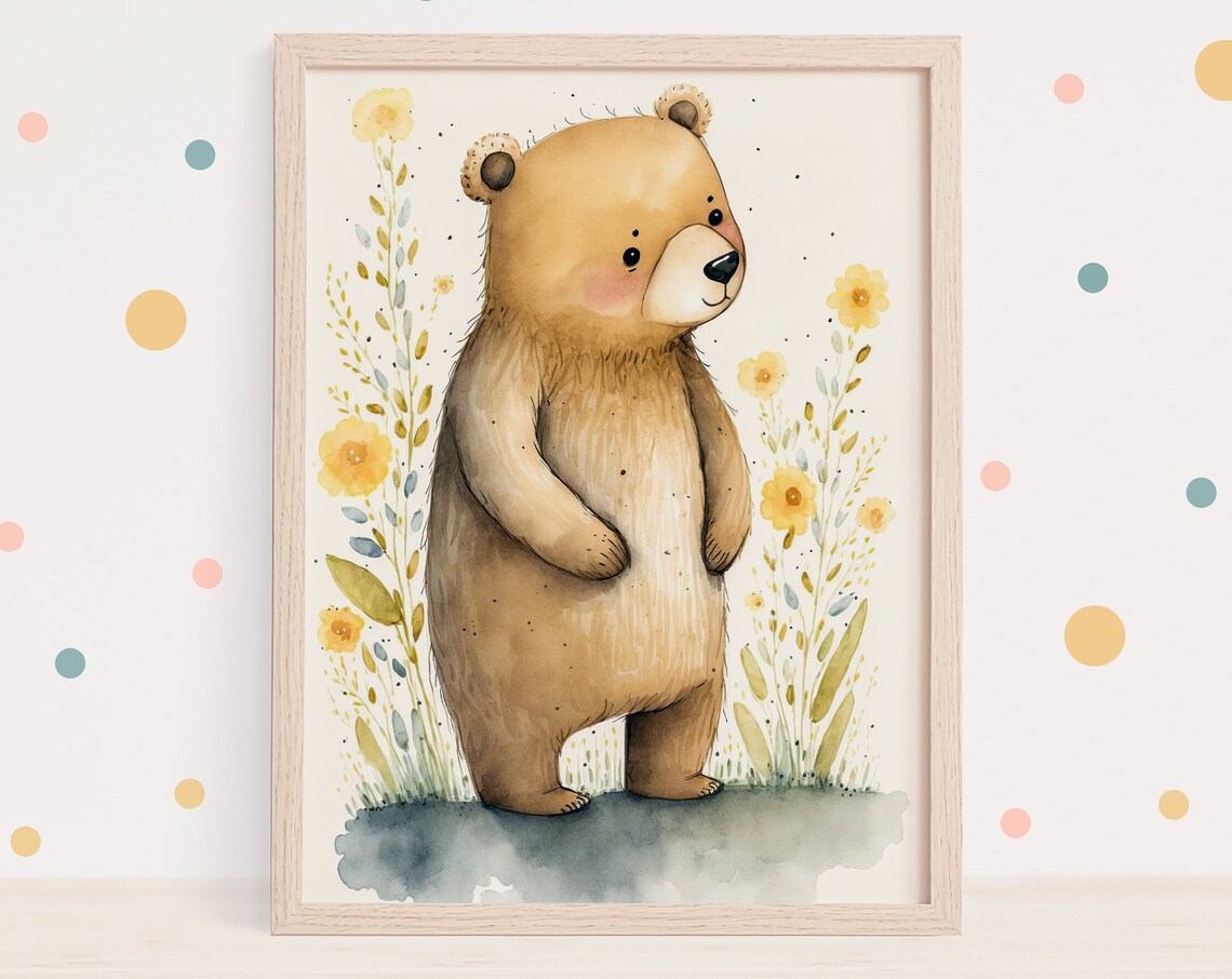 Watercolor Baby Bear Standing Yellow Flowers Nursery Art Poster