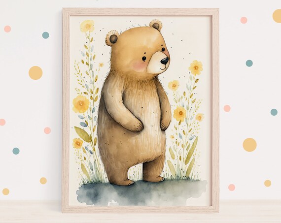 Nursery Wall Art Print Cute Bear Painting Boho Gift For A New Mum Kids Decor Babies Bedroom Watercolour Floral Baby Teddy Bear Poster