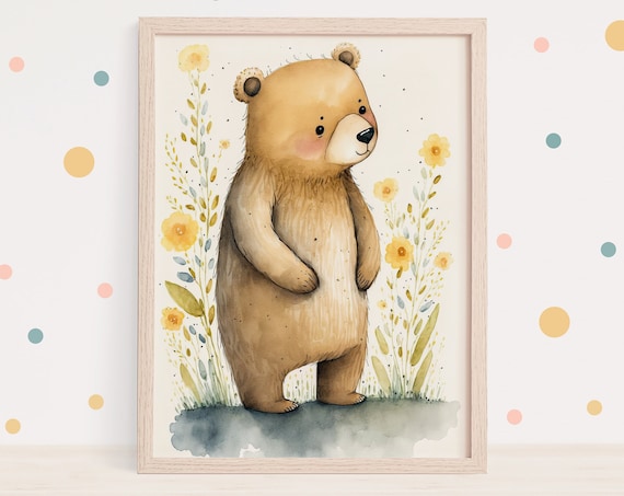 Watercolor Baby Bear Standing Yellow Flowers Nursery Art Poster