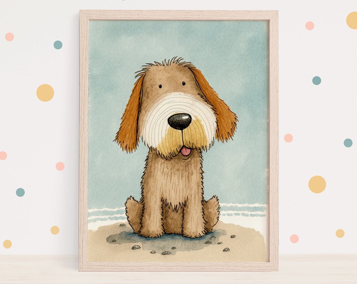 Cute Shaggy Brown Dog on Beach Watercolor Nursery Kids Art Print