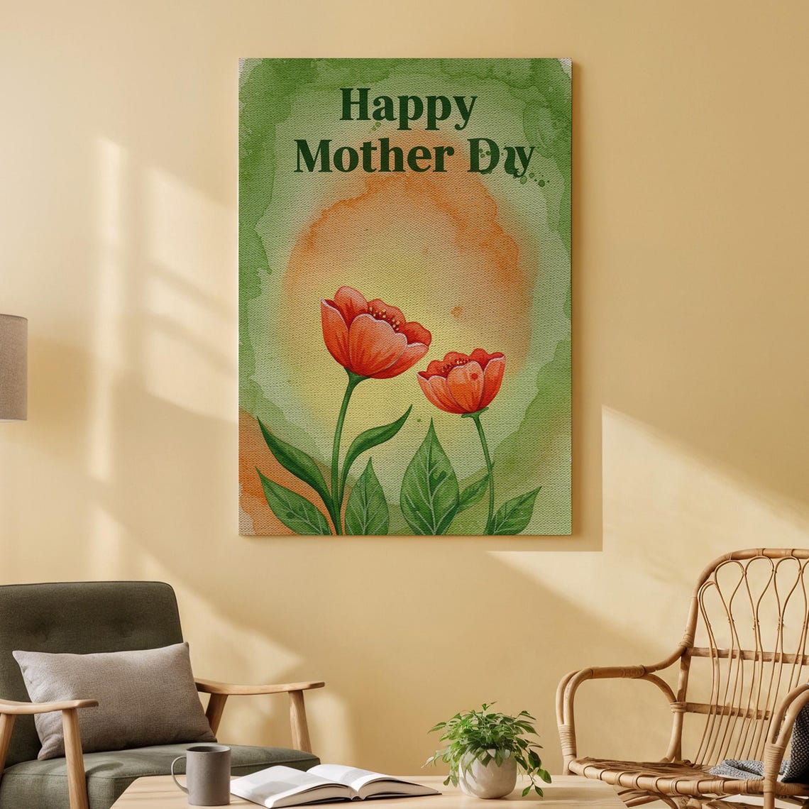 Happy Mother Day Red Tulips Floral Canvas Gift Watercolor Art Print