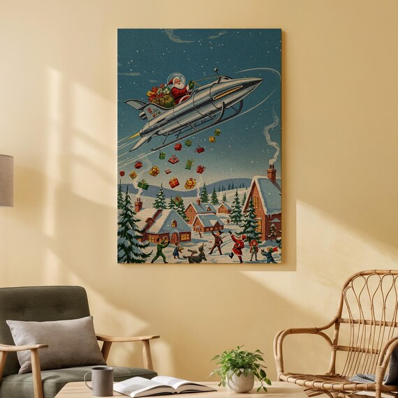 Retro Santa Claus Riding Rocket Sled Over Snowy Village Christmas Poster