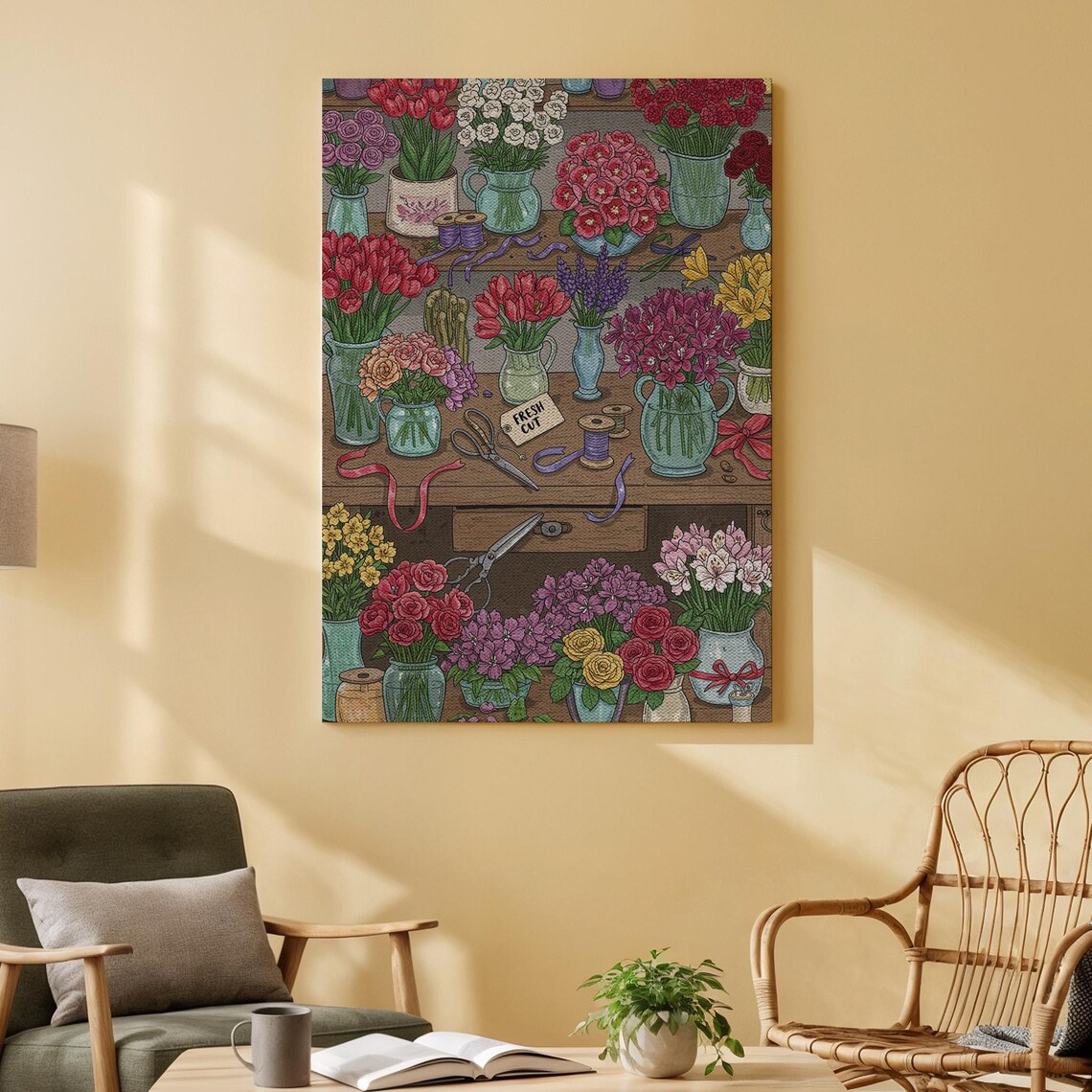 Fresh Cut Flower Shop Colorful Bouquets Blooms Workbench Art Poster