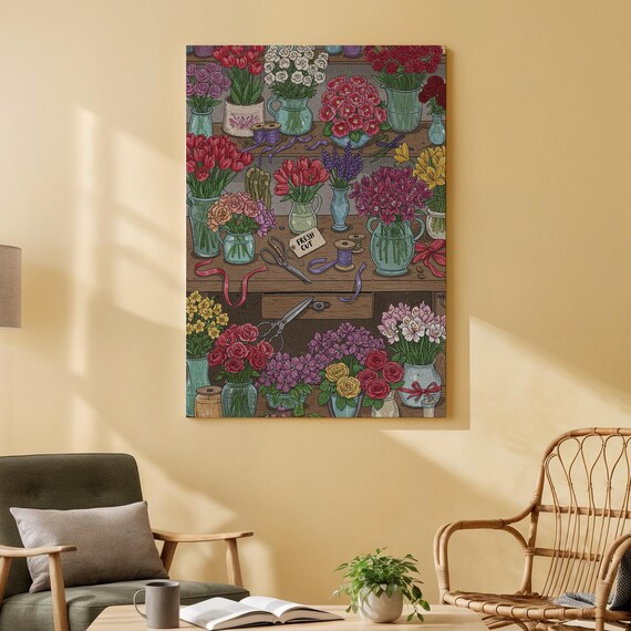 Fresh Cut Flower Shop Colorful Bouquets Blooms Workbench Art Poster