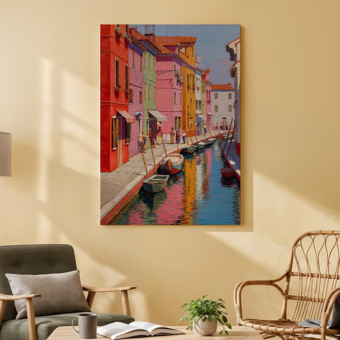 Colorful Venice Canal Canvas Wall Art Vibrant Italian Street And Boat Scene Print European Travel Artwork For Living Room Or Dining