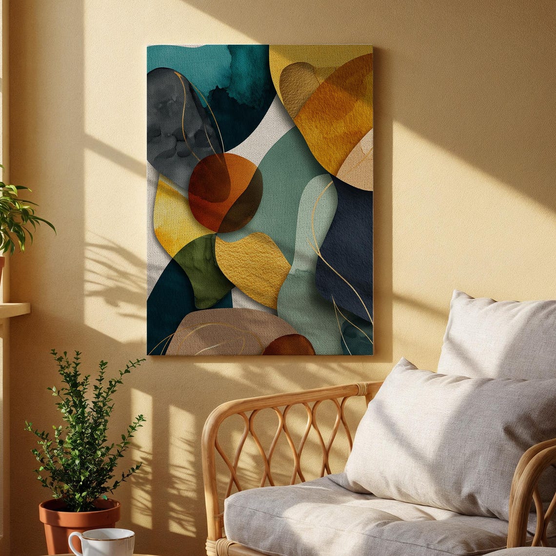 Abstract Geometric Organic Shapes Teal Mustard Modern Canvas Poster
