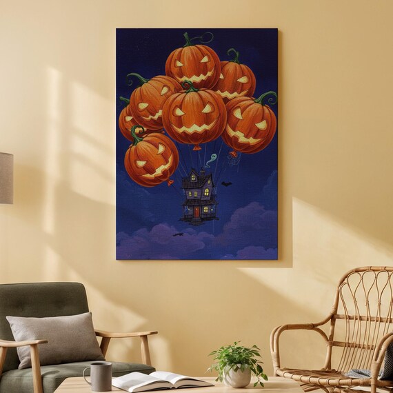 Flying Haunted House Canvas Wall Art Pumpkin Balloon Halloween Print Spooky Night Sky Decor Whimsical Jackolantern Fantasy