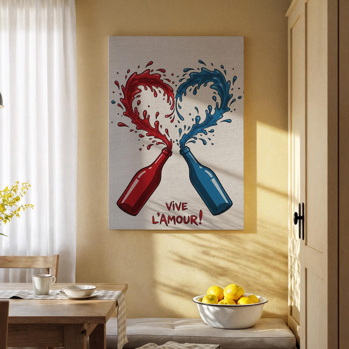 Vive L Amour Red And Blue Wine Bottles Splashing Hearts Poster