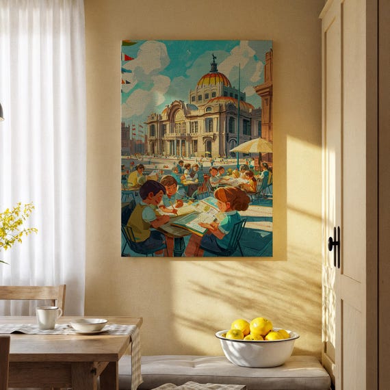 Childrens Outdoor Cafe Canvas Art Vintage Illustration Of Kids At A In Front Historic Building Bright And Playful Wall Decor