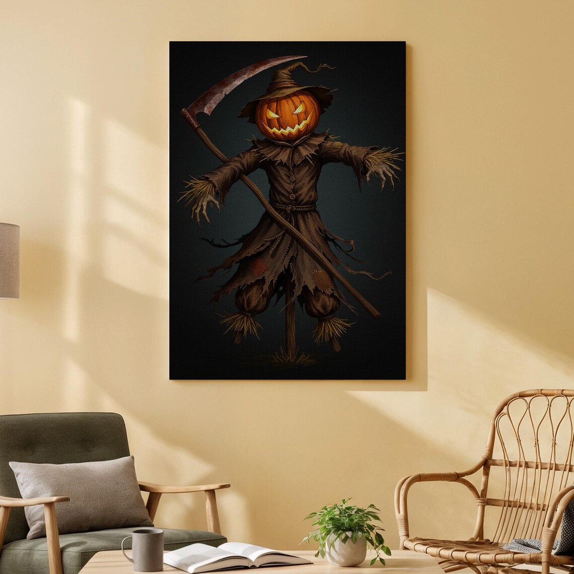 Menacing Pumpkin Head Scarecrow With Scythe On A Dark Night Halloween Poster
