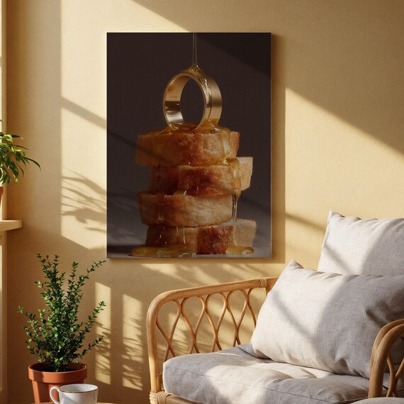 Golden Syrup Pouring Over Pastry Stack Dramatic Food Photo Print