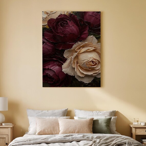 Burgundy and Cream Roses Close Up Impasto Oil Painting Poster