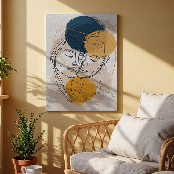Minimalist Couple Canvas Art Abstract Line Portrait With Yellow And Blue Modern Love Wall For Bedroom Living Room Or Office Decor
