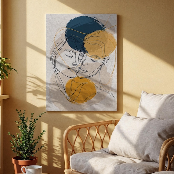 Minimalist Couple Line Art Portrait Yellow Blue Modern Canvas Poster