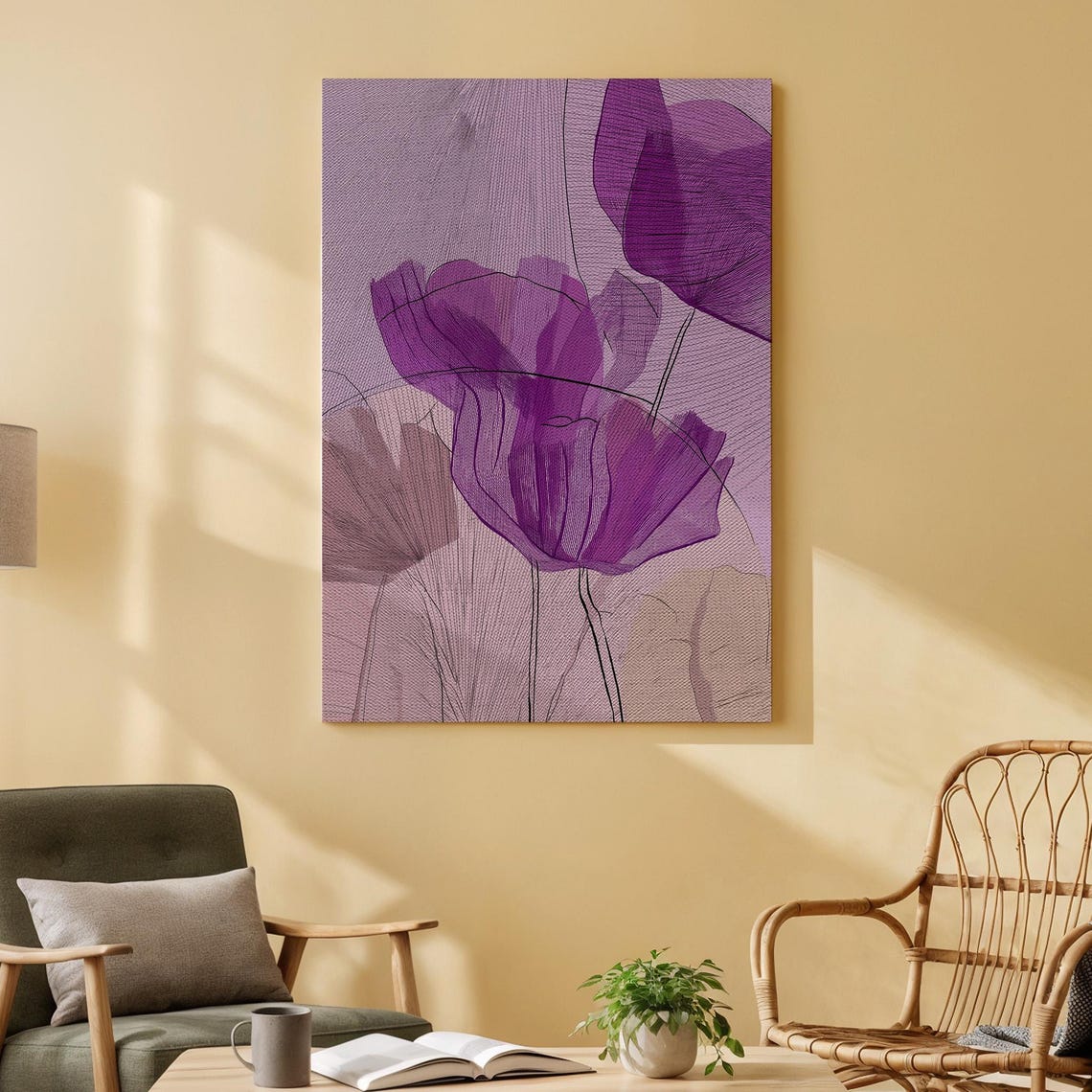 Purple Poppy Canvas Wall Art Elegant Floral Line With Modern Abstract Background Minimalist Botanical Artwork For Bedroom Decor