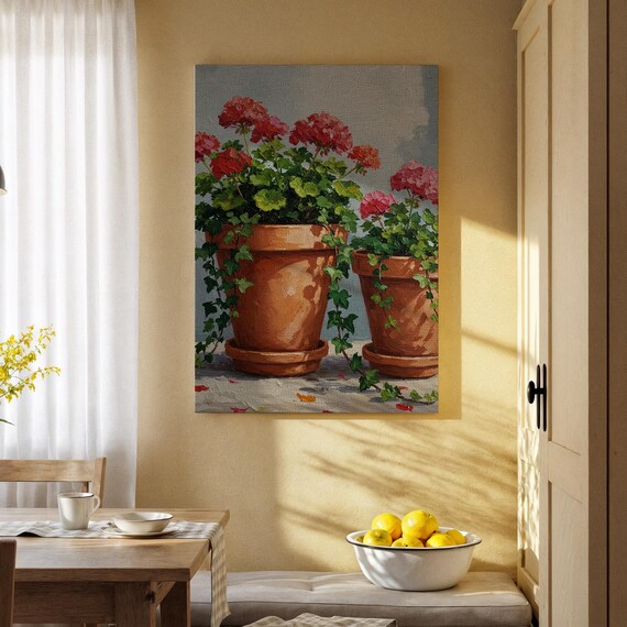 Geranium Flowers Canvas Wall Art Terracotta Pot Botanical Painting Rustic Garden Inspired Print For Living Room Kitchen Or Cottage Decor