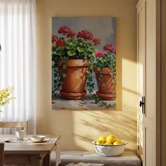 Red Geraniums in Terracotta Pots Garden Floral Painting Poster