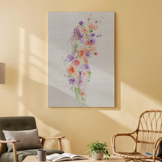 Floral Woman Canvas Wall Art Watercolor Female Silhouette With Flowers Elegant Abstract Feminine Print For Bedroom Office Or Living Room