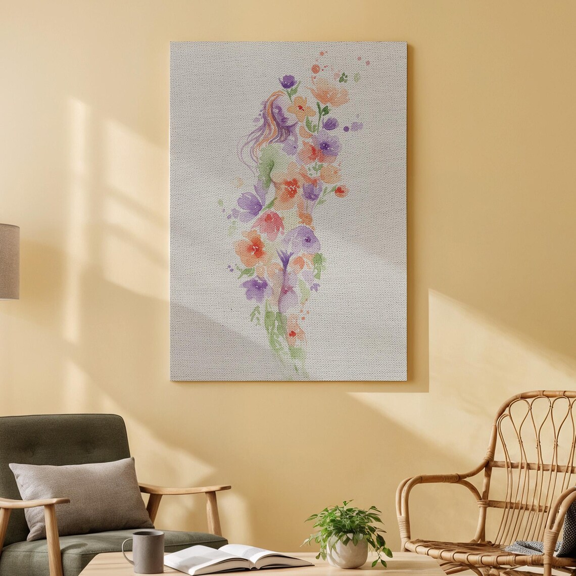 Watercolor Floral Woman Silhouette Purple Orange Bloom Poster