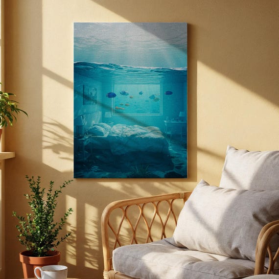 Underwater Bedroom Canvas Wall Art Surreal Ocean Dream Print Fantasy Fish Tank Room For Living Or Creative Studio