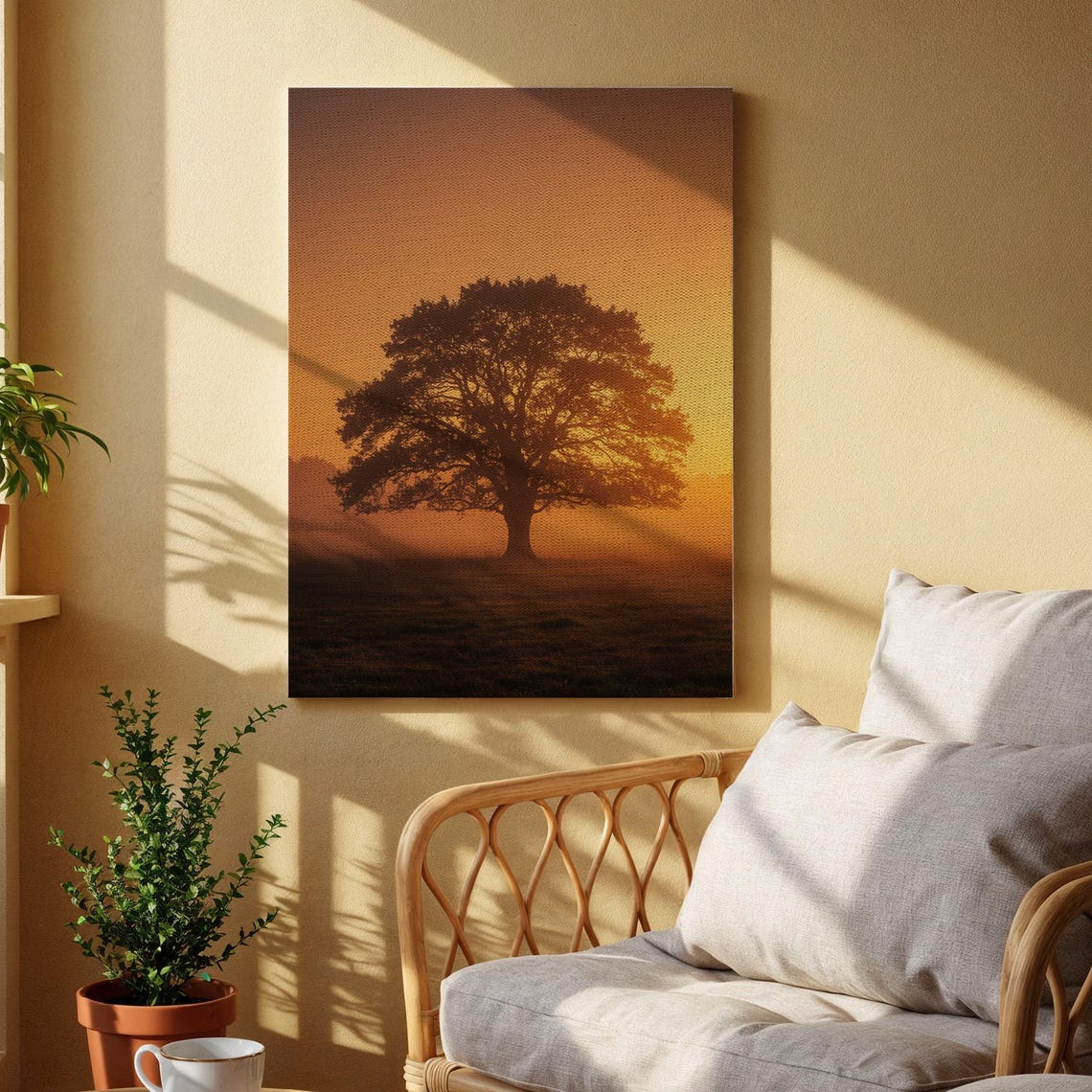 Lone Tree Silhouette At Golden Sunset Serene Nature Canvas Poster