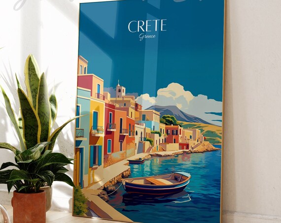 Crete Greece Travel Poster Fishing Boat Harbor Coastal Art Illustration