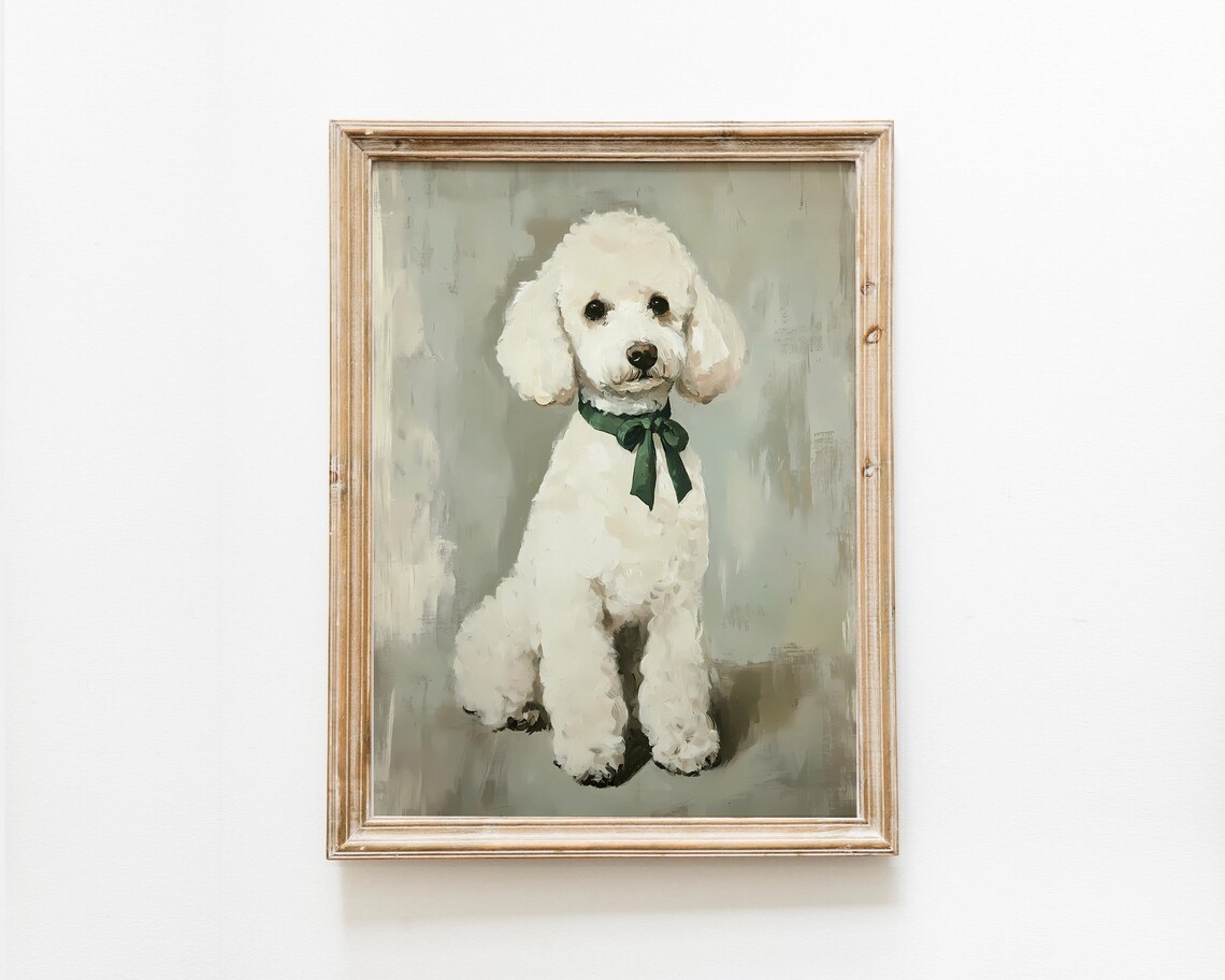 White Poodle Portrait Green Bow Vintage Dog Painting Wall Art