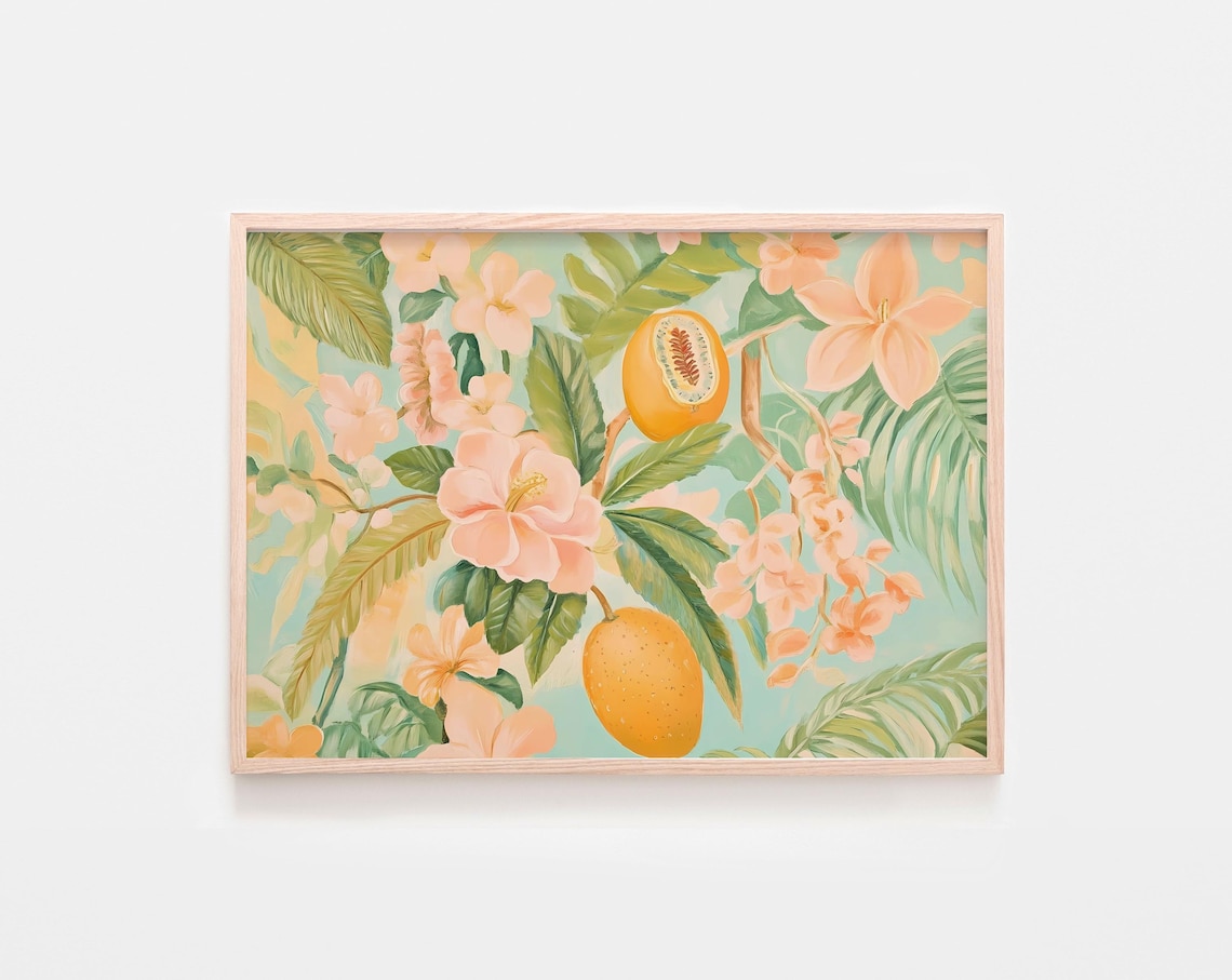 Tropical Citrus Hibiscus Palm Leaves Pastel Botanical Art Poster