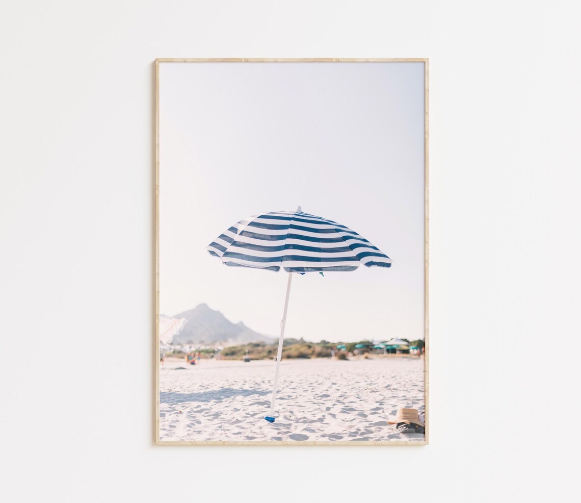 Blue Beach Umbrella Print, Amalfi Coast Travel Poster