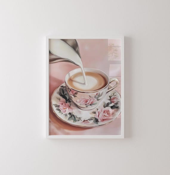 Vintage Pink Coffee Cup Print Girly Kitchen Wall Art
