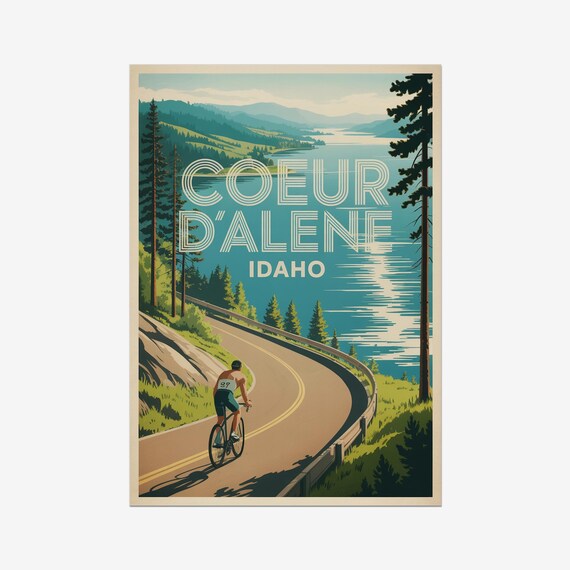 Coeur d'Alene Idaho Lakeside Road Cycling Retro Sports Poster
