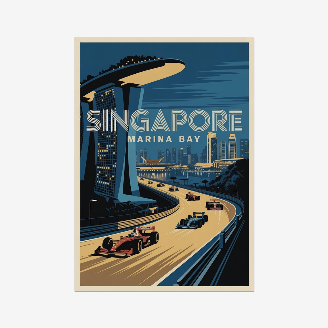 Singapore Marina Bay Night Grand Prix Race Circuit Vintage Poster