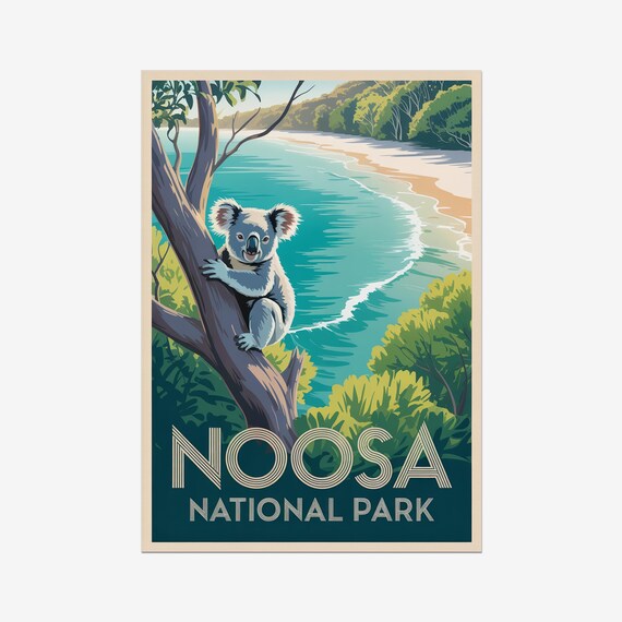 Noosa National Park Koala Turquoise Bay Beach Vintage Travel Poster