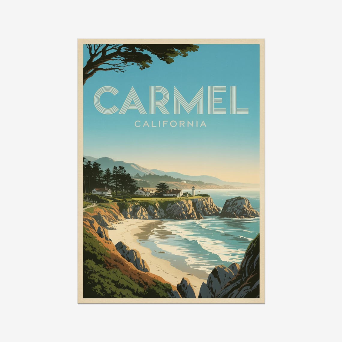 Carmel California Coast Lighthouse and Cypress Vintage Travel Poster