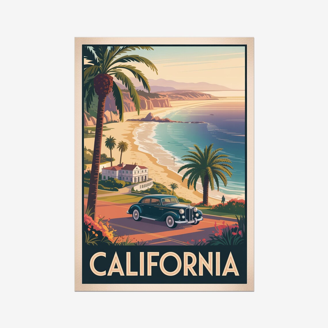 California Coast Palms Vintage Car Retro Beach Sunset Travel Poster