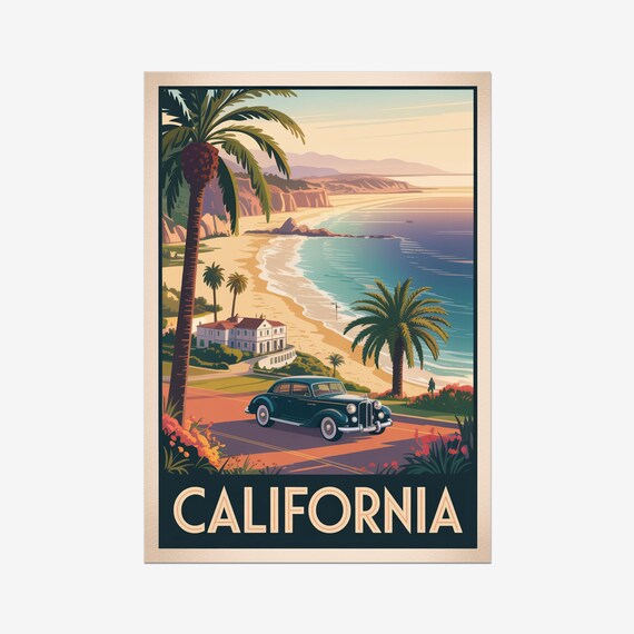 California Coast Palms Vintage Car Retro Beach Sunset Travel Poster