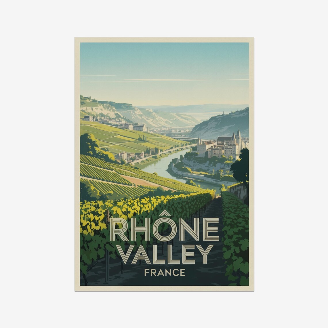 Rhone Valley France Riverside Vineyards Town Vintage Wine Poster