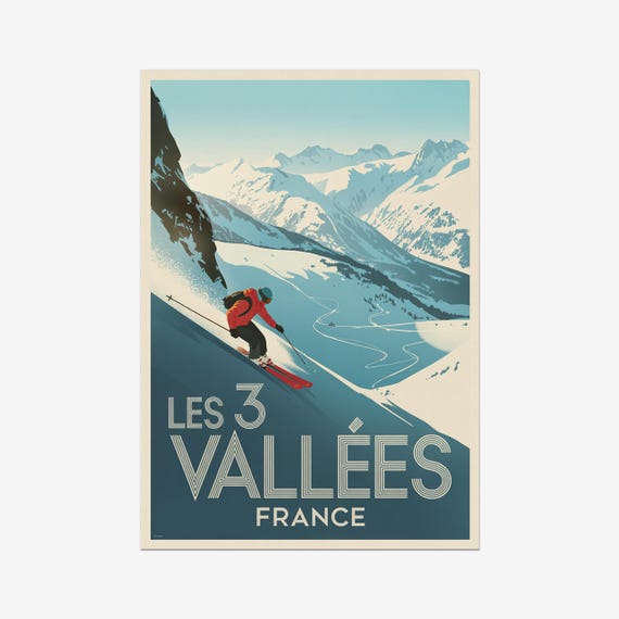Les 3 Vallees Vintage Travel Poster Skiing French Alps