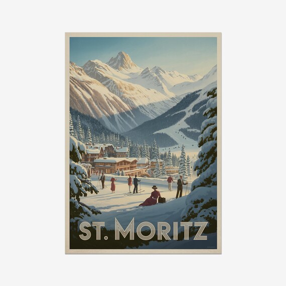 St Moritz Switzerland Vintage Ski Resort Snow Mountain Retro Poster