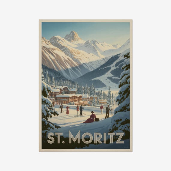 St Moritz Vintage Travel Poster Skiing Switzerland Retro