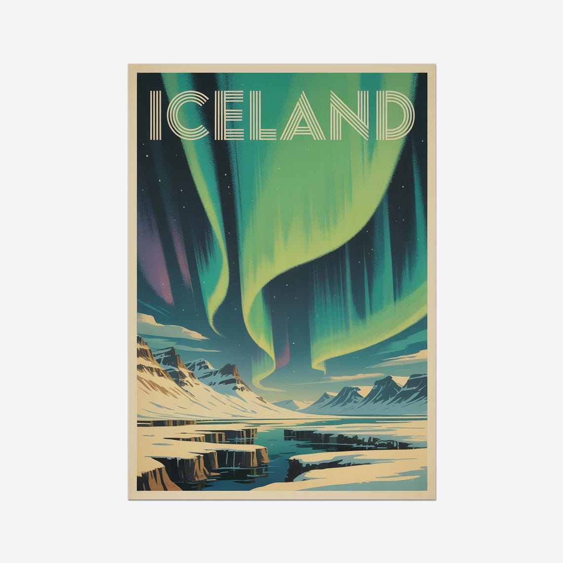 Iceland Vintage Travel Poster, Northern Lights Retro