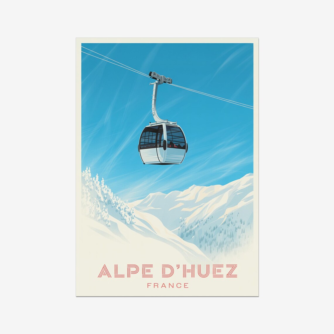Alpe d'Huez France Gondola Cable Car Snowy Peaks Travel Poster