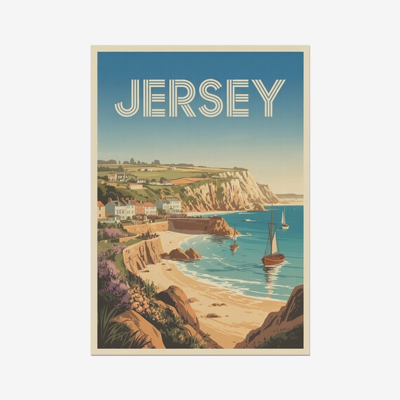 Jersey Channel Islands Vintage Seaside Cliffs Sailing Travel Poster