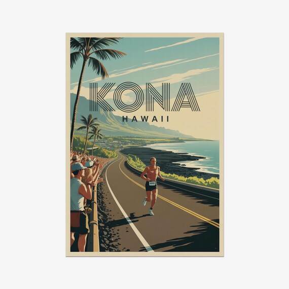 Kona Hawaii Vintage Triathlon Running Coastal Race Travel Poster
