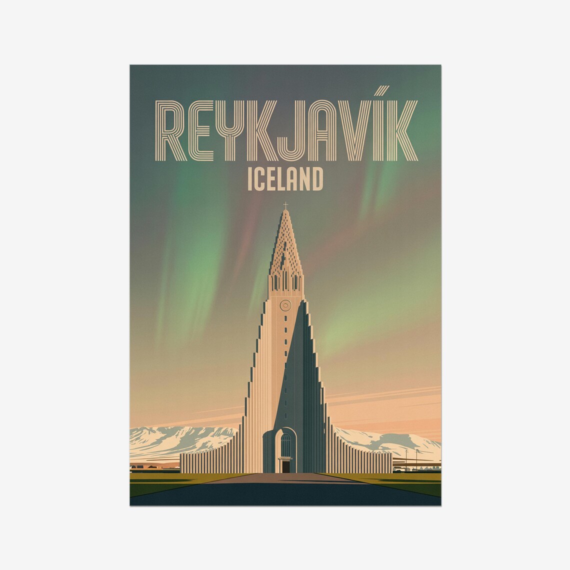 Reykjavik Iceland Hallgrimskirkja Northern Lights Travel Poster